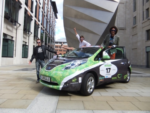 Members of the band 'True Ingredients' with the Nissan in London