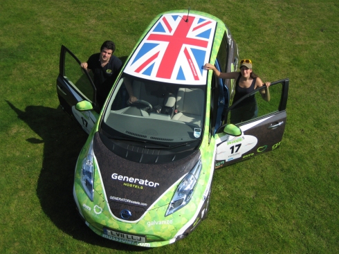 Gordon Foat of Green MotorSport and Gaby James from Galvanize Design with aerial view of the Nissan Leaf